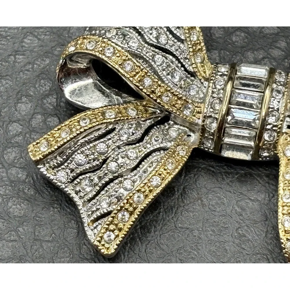 Vintage 90s Gold Tone Silver Tone Rhinestone Bow Brooch Pin Art Deco Revival
